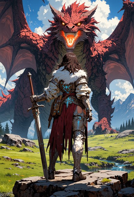 Cowboy shot. Image is a digital fantasy artwork featuring the back of a beautiful female character looking at a winged dragon with a fantastical greatsword in her hand ready to defend the kingdom. She has tan skin with long brunette hair with highlights. She's wearing an battle damaged corset armor with a white fur collar and matching long gloves and thigh-highs, both adorned with glowing blue patterns. She standing in front of a winged dragon breathing flames out of its mouth. The background is of a grassy field, moutains, forest, river, rocky plain, mythp0rt,