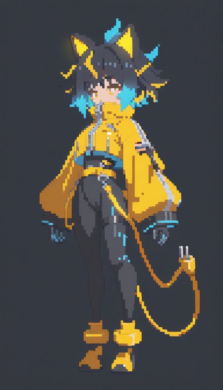 electrocat, 1girl, 
black hair, short hair, messy hair, yellow highlights, blue highlights, 
cat ears, cyber ears, glowing accents, yellow eyes, heterochromatic hair accents, electric motif,
yellow jacket, oversized sleeves, cropped jacket, zipper, futuristic jacket, 
black bodysuit, skin-tight, high-waist belt, utility straps, harness,
futuristic boots, yellow boots, black and yellow shoes, ankle cuffs,
electric plug tail, cable tail, plug accessory,
electric cable tail, power plug, ^^^, full body, standing, detailed face, simple background, detailed, perfect, perfection, score_9, score_8_up, score_7_up, score_6_up, score_5_up,