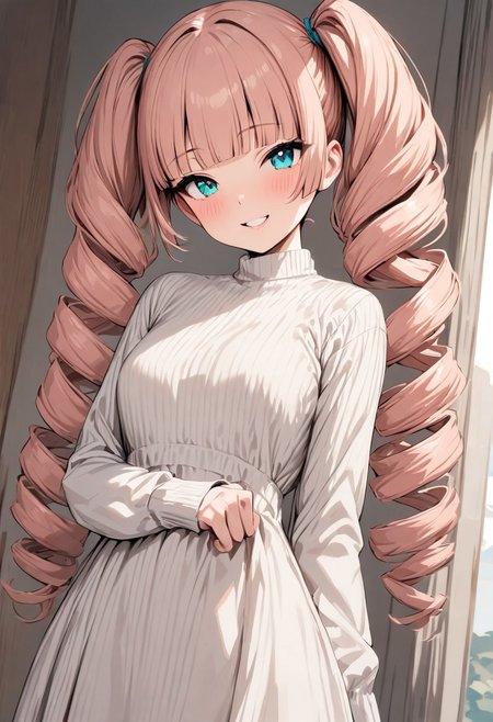 masterpiece, best quality,  1girl, solo, twin drills, twintails, blunt bangs, soft peach hair, aqua eyes, smile, long sleeves, white dress,