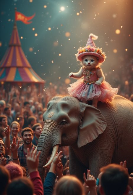 Visualize a fantastical scene with a fairytale essence, where a finely crafted kitten stands on the back of a gentle giant elephant amidst the vibrant ambience of a circus. The kitten is adorned in a fanciful costume of pastel shades, topped with an enchanting hat, exuding an air of magical confidence. The audience, depicted as a joyous sea of color and expression, rises to their feet, caught up in the dreamlike spectacle. The scene is sprinkled with whimsical elements, like tiny sparkles or soft light trails, conveying a sense of wonder and jubilant charm, as if inviting viewers into a whimsical world where anything is possible.