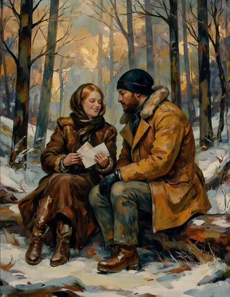 Rembrandt style <lora:funnys:0.4>, This is a photograph capturing a serene winter scene in a snowy forest. Two people, a man and a woman, are seated on a log in the middle of the forest. The woman, on the left, is wearing a brown fur coat and a dark brown woolen scarf draped around her head, covering her hair. She has a gentle smile as she holds a white envelope in her hands. Her expression suggests a sense of contentment and joy., 
The man, positioned to the right, is dressed in a tan, heavy winter coat with a fur-lined hood. He wears a black knit hat and has a slight beard. He is seated on the log, leaning towards the woman, and appears to be engaged in conversation with her. Both individuals have a warm, intimate atmosphere, suggesting a close relationship., 
The background is filled with tall, snow-covered pine trees, their branches laden with snow. The ground is blanketed with snow, and the light filtering through the trees creates a soft, golden glow, enhancing the serene and peaceful mood of the scene. The overall image is a blend of natural textures, from the soft fur of their coats to the rough bark of the log, with a delicate, almost dreamy quality that evokes a sense of tranquility and connection., <lora:ssf-4bstr4ct:1> . Baroque, chiaroscuro, realistic, emotional, "flat lighting