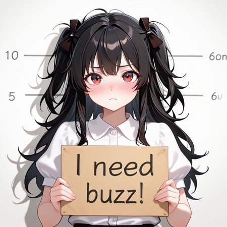 score_9, score_8_up, score_7_up, score_6_up, anime, beautiful, stunning, masterpiece, best quality, amazing quality,
Dimitrescu, black hair, long hair, messy hair, 
need_buzz, holding sign, need_buzz,
1girl, solo, sign, holding, long hair, looking at viewer, shirt, short sleeves, white shirt, collared shirt, upper body, closed mouth, frown, two side up, hair ornament, blush, sidelocks, height chart, puffy sleeves,
