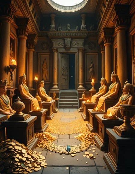 A hidden treasure chamber deep within an ancient temple, illuminated by the warm golden glow of torches and mystical blue light from enchanted crystals. The room is filled with piles of gold coins, jewel-encrusted goblets, and ancient artifacts covered in dust. Massive stone statues of forgotten deities guard the chamber, their eyes glowing faintly as if watching intruders. In the center, a grand pedestal holds a legendary artifactâan ornate golden crown encrusted with emeralds and sapphires, shimmering with an otherworldly aura. The walls are adorned with intricate carvings depicting lost civilizations, and creeping vines hint at centuries of abandonment. The atmosphere is mystical and slightly eerie, with a sense of both wonder and danger. The air is thick with the scent of aged parchment and burning incense, adding to the chamberâs ancient and mysterious feel. Cinematic lighting with dramatic shadows enhances the depth and richness of the scene, creating a visually stunning and immersive environment.
<lora:SDXLFaeTastic2400:0.4> <lora:extremely_detailed:0.4> extremely detailed,treasure ch4mb3r, <lora:treasure_ch4mb3r-i:1>, Masterpiece,best quality,hi res,8k,hi res,8k,award winning,(sharp focus, intricate, highly detailed),