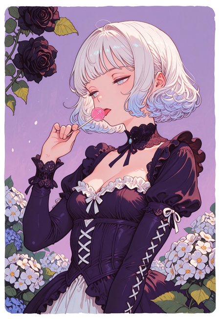 masterpiece, best quality, good quality, newest, highres, absurdres, from below,

pastel cyan eyes, white hair, multi colored hair, bob cut,
victorian black maid dress, frilled skirt, half closed eyes, dazed, emotionless, small breasts, cleavage,

1girl, solo, upper body, roses, hand up, licking lollipop, looking to the side, leaf, white poppies, black roses, gradient purple background with thick white border,

hydrangea, laced sleeves, Ethereal Brushstroke, Flat vector illustration, rakugakingu, oygilmb,