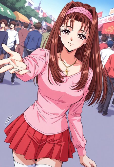 masterpiece, best quality, newest, highres, uncensored, 1girl, yokota mamoru style,1girl, slender face，motion lines,
Matsudaira Youko,girl,brown hair,long hair,1990s (style),,hairband
 skirt, thighhighs, jewelry, necklace, zettai ryouiki, cross, long sleeves, red skirt, pleated skirt, miniskirt, dress, pink dress, cross necklace, street market, vendor, street food, bustling crowd, local flavor, vibrant, smile, looking at viewer, hand reaching out, solo,, cowboy shot, dutch angle