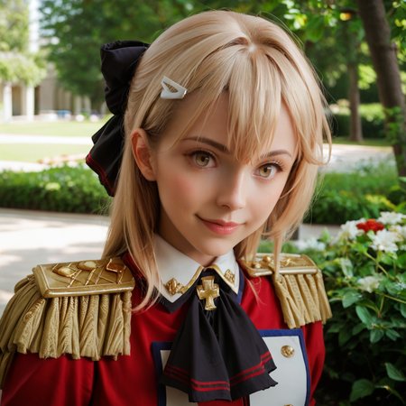 <lora:Liscia Elfrieden:1> score_9_up, score_8_up, score_7_up, extreamly detailed, beautiful detailed face, complex detailed background, 1girl, BREAK, LISCIA ELFRIEDEN, LISCIA ELFRIEDEN REGULAR CLOTHES, hair ornament, bow, standing, hair bow, pantyhose, hairclip, white pantyhose, epaulettes, blush, looking at viewer, park, upper body, smile, red skirt, solo, hands behind back, realistic, female