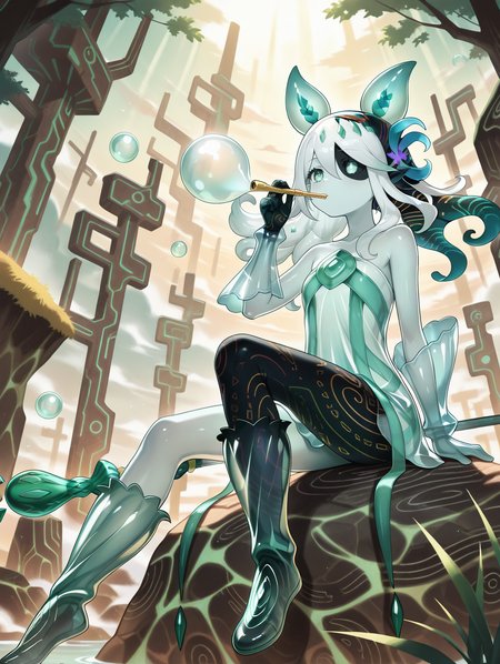 monster girl,icejade acti,solo,1girl,sitting on rock,green bubble,staff,see-through body,see-through gloves,see-through dress,hair flower,historical ruins,holding bubble pipe,blowing bubbles,see-through knee boots,holding staff,heterochromia,
masterpiece,best quality,amazing quality,very aesthetic,absurdres,newest,<lora:Icejade Acti illuXL v1.2:0.83>,