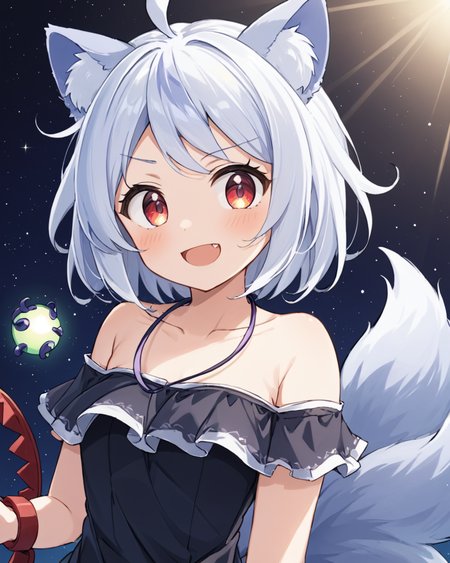 mitsugashira enoko,1girl, open_mouth, ahoge, solo, skin_fang, upper_body, looking_at_viewer, twitter_username, thick_eyebrows, tail, smile, short_eyebrows, collarbone, off_shoulder, animal_ear_fluff, black_dress
<lora:mitsugashira_enoko_image296_2023-12-20-000030:1>,star-shaped_pupils,symbol-shaped_pupils,. gorgeous,key visual, vibrant, studio anime,award-winning, professional, highly detailed,high budget, cinemascope
