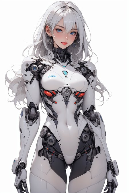 (masterpiece, best quality, 8K:1.3),extremely detailed wallpaper,an extremely delicate and beautiful,Ray tracing,hdr,volumetric lighting,
1girl,solo,blue eyes,long hair,looking at viewer,android,robot joints,smile,breasts,science fiction,mechanical parts,joints,bodysuit,thigh gap,medium breasts,covered navel,cowboy shot,mechanical arms,ass visible through thighs,white hair,closed mouth,bangs,standing,grey hair,hair between eyes,skin tight,cyborg,arms at sides,very long hair,lips,cyberpunk,mechanical legs,cable,(simple white background:1.2),<lora:AstrAnime_RETRO:1>,flat colors,flat texture,<lora:nijiarmor_anime_v2:0.7>,<lora:Mogudan:0.7>,