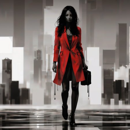 a beautiful woman melting, line art, red office suit made of melted black wax, wet hair, walking on the sidewalk, unreal, water vapor, black liquid, modern city, midday sun, sun reflections <lora:sd_xl_offset_example-lora_1.0:0.35> <lora:Projext_X2:-1.2>