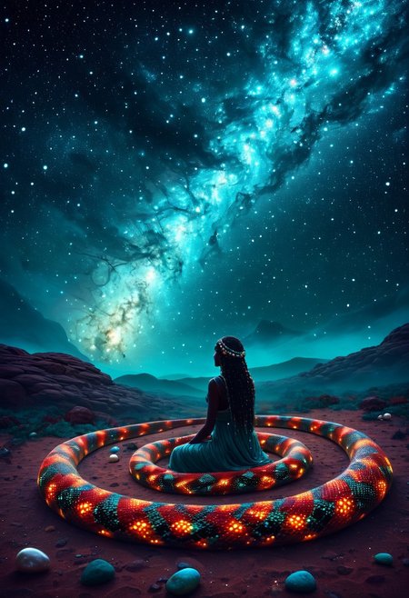 the sacred aboriginal snake-woman goddess, her body made of a million stars coiled in the night sky as an immense representation of an incandescent snake of color dots, ocre, red, turquoise beans, pearls, lizard, depth of field, soft tones, mist mysteries, star field, milyk way, dreamlike space scenery, orobouros,