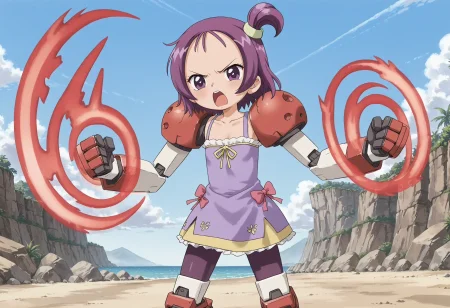 <lora:Hyper-SDXL-8steps-lora:1><lora:Fixhands_anime_bdsqlsz_V1:1> zPDXL2, score_9, score_8_up, score_7_up, source_anime, intricate details, perfect anatomy BREAK, 
outdoors, beach, expressionless, 1girl, solo, fighting stance, angry, screaming, punching, 
<lora:GAGE-titus_XL(pony)v10:1> GAGE-titus, mecha musume, red shoulder armor, mechanical arms, mechanical legs, (faceless female:-1), energy, energy beam, 
<lora:onpuchan_v3:0.9> onpusegawa, purple hair, short hair, one side up, purple eyes, hair ornament, purple dress, bike shorts,
