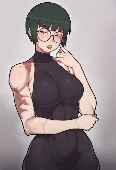 1girl, solo, zen'in maki, glasses, halter dress, skin tight, black dress, toned, short hair, burn scar, round eyewear, lipstick, 
masterpiece, best quality, <lora:Intruder-guy90-Illust-Lycorisv1:1> intder