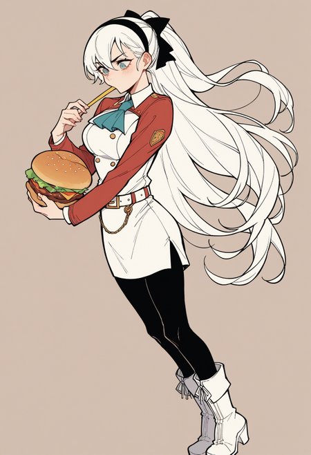 score_9, score_8_up,score_7_up, source_ anime, 1girl,
 <lora:traditional_slider_v1_NEGWEIGHT:-0.8>,  eating huge burger, <lora:elie-pdxl-nvwls-v1:0.8> zeroElie, black hairband, hair ribbon, long hair, ascot, uniform, long red sleeves, white dress, pencil skirt, belt, black pantyhose, white boots,