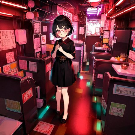 best quality, ultra-detailed, illustration,
pinsalo, scenery, red theme, sign, neon lights, indoors, 
1girl, japanese girl,  cute, (shy smile), glasses, black dress, short hair, black hair, looking at viewer, full body,
<lora:pinsalo_SDXL_V1:1>