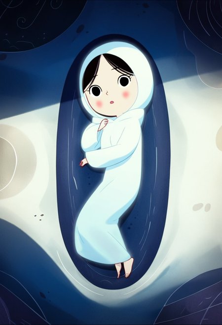 zPDXL3, source_cartoon, Perfect Hands, full body,
1girl, solo, sea bottom, looking at viewer, saoirse, black hair, black eyes, blush, ghost, hood up, robe, barefoot, glowing, lying under the sea, from above, lying on side, facing at viewer, feeling cold, eyes open, peaceful emotion, open mouth, sleeve past wrist, slim body, long body, highlight cloth wrinkle, anime style, dark blue background,
<lora:Perfect Hands:1>  <lora:Saoirse_-_The_Song_of_the_Sea-000009:1>