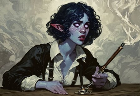 score_9, score_8_up, 8, score_7_up, score_6_up, solo,  female, water genasi, pointed ears, blue skin, cobalt eyes, shaggy bob haircut, dark blue hair, purple freckles, full lips, small bust, white button up shirt, sleeves rolled up, suspenders, tight black pants, black dress boots, unbuttoned shirt, loose tie, wide brim black fedora, sitting on the steps of a brothel, holding a pipe, smoke flowing from the pipe, content look on her face, medieval, fantasy