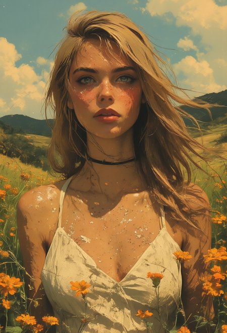 Close up front view portrait of a cute woman in a field of wildflowers. Her long wavy blonde hair blows gently in the breeze.  She seems peaceful and content as the spring sun warms her pale freckled skin after a cold winter and melts the last of the snow. She wears a sheer white sleeveless dress and her natural figure looks relaxed and comfortable. ne0nfant4sy, vantablack, grainy, perfect composition, close up, detailed, intricate details, natural face, no makeup,