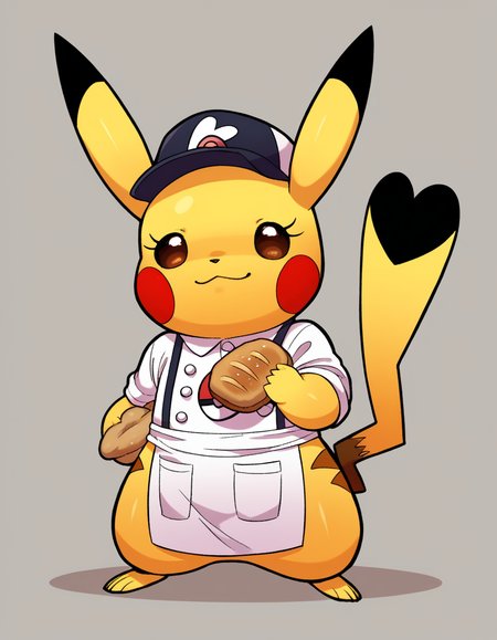 zPDXL, score_9, score_8_up, score_7_up, score_6_up, score_5_up, source_anime, 4k, absurdres, 1girl, solo, 
<lora:Cosplaychu_v1-1-20:0.8>, cosplay pikachu, pokemon \(creature\), pikachu ears, pikachu tail, feral, eyelashes, shortstack, flat chest,
baker wearing a baker hat, button-up shirt, apron, khakis, clogs, holding a bread loaf,