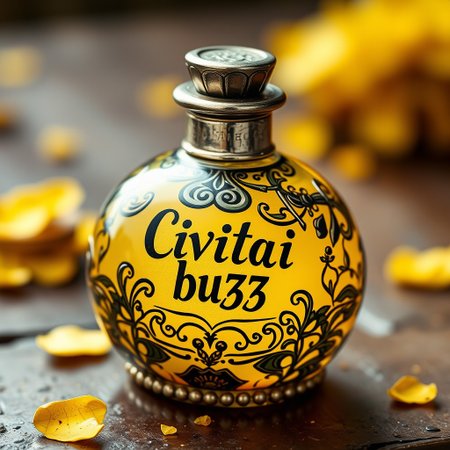 a fancy fantasy yellow potion that say "Civitai buzz" with sliver trimming metal casing