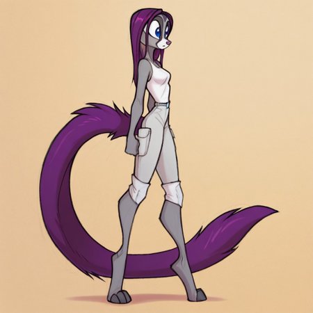 kalei ,white skin,1girl, solo, anthro, long purple hair, large bushy purple tail, gray fur, darker gray limbs, digitigrade legs,blue eyes,

