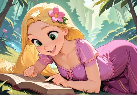 masterpiece, best quality, amazing quality, very aesthetic, absurdres,  newest, detailed background, cowboy shot,  outdoors, dynamic angle, 
rapunzelxd, 1girl, blonde hair, solo, flower, long hair, hair flower, hair ornament, smile, book, green eyes, reading, dress, open mouth, lying, on stomach, open book, pointing
<lora:Rapunzel_-_Disney_Illustrious:1>