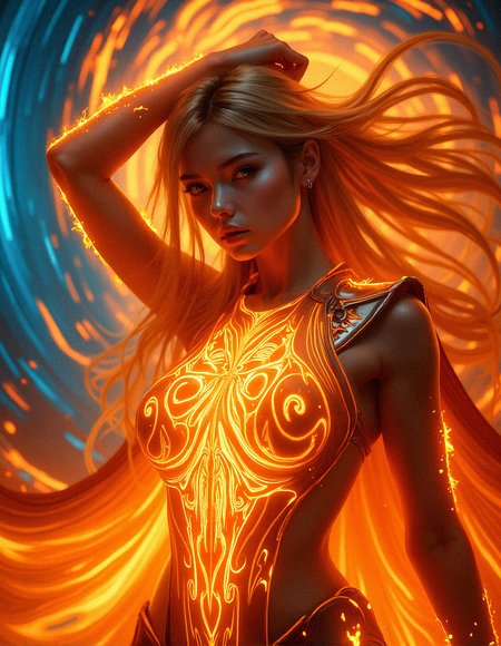  a SFW face close-up portrait of a mythical fire goddess, her body glowing with intense orange, fiery hot hair and yellow flames that blend seamlessly into a swirling, hypnotic backdrop of concentric colors. She is wearing A very intricate design metallic chest plate that appears to be white-hot, with molten edges and glowing lines that mimic the flow of lava.  A long cape that appears to be woven from pure flame, with translucent orange and yellow threads that flicker and glow. Head tilted to the side with one arm raised above her head, her fiery hair cascading down like a waterfall of flames.
 Her eyes are deep and intense, mirroring the powerful warmth and energy she exudes. The background pulsates with vivid patterns of blue, red, and yellow, giving the impression that she is both part of and feeding from this energetic vortex. The lighting casts intricate shadows that enhance the contours of her face, her skin appearing to shimmer with an almost liquid quality as the flames flicker and move. The atmosphere is surreal and mystical, evoking a sense of otherworldly power and ancient elemental force.


