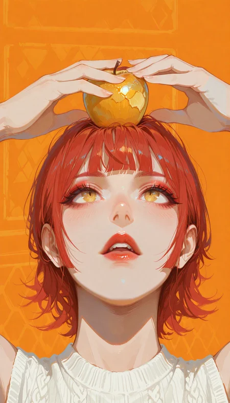masterpiece, best quality, amazing quality, (anime coloring), (minimalism:1.7), 
1girl, solo, red hair, black highlights, wolf cut, blunt bangs, yellow eyes, detailed eyes, eyeshadow, light blush, parted lips, upper teeth only, red lips, hair behind ear, 
sleeveless sweater, white sweater, ribbed sweater, yellow apple, apple on head, hands on apple, looking away, straight-on,
orange background,  honeycomb background