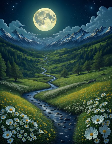 Digital painting with a surreal clarity showcasing a full moon lighting up a serene, brightly blossoming meadow featuring a winding stream, surrounded by lush green grass dotted with white flowers and yellow blossoms, flanked by snow-laden trees, with misty mountains and a gradually darkening twilight sky in the background.