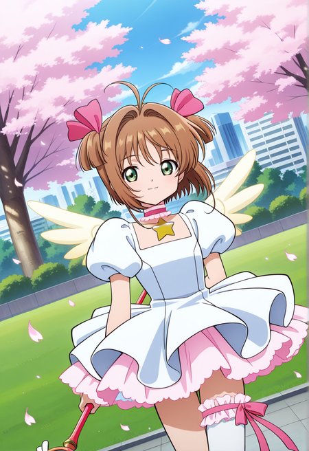 outdoor, trees, grass, cityscape, floating leaves, flowers,
BREAK,
{open smile|light smile},
{full body|cowboy shot}, (posing:0.4),
dynamic angle, 
BREAK,
<lora:sakuraS_illustriousXL_v03:0.9>
kinosakuast, short hair, brown hair, hair ornament, two side up, pink hairtie, ahoge, green eyes,
angel wings, white dress, puffy sleeves, short sleeves, pink skirt, layered dress, choker, star choker, single thighhigh, 
leg ribbon, white thighhigh, white footwear, white shoes, star shoes, 
star wand, holding wand, starwand,, source_anime, very aesthetic, anime coloring, masterpiece, 
best quality, amazing quality, ultra detailed, very aesthetic, 
detailed background, 
BREAK,
