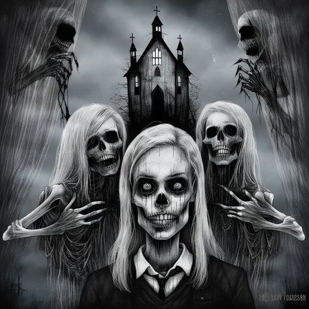 star \(sky\), digital art, with a skeleton in the background, david firth, blonde hair, comic, dan mumford, school uniform, necktie, auto-destructive art, alexander jansson, galaxy, a character portrait, curtains, claws, contemporary art, ed roth, cloud, monochrome, oral, ocean, pubic hair, horror_cg, aurora, fine art parody, skull, a woman with a creepy face and a church in the background with a cross on top of her head