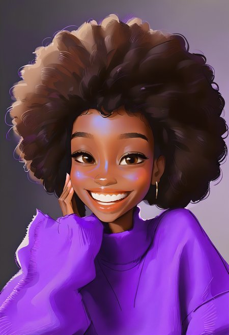 a black skinned woman with a large smile on her face, afro black hair, purple pull over, Samdoesarts Style   <lora:SamdoesartsV1:1>