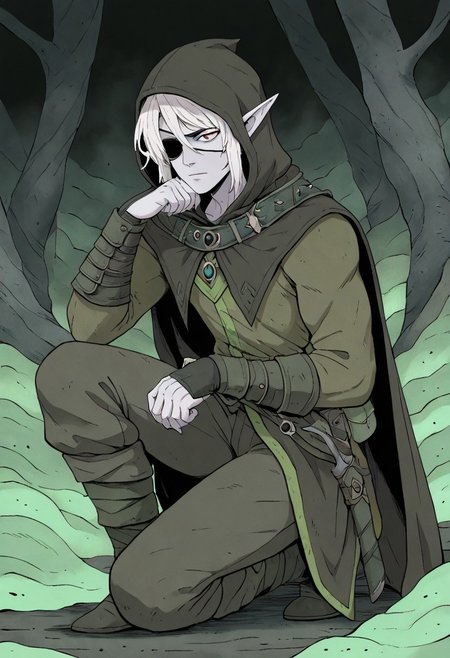 masterpiece, best quality, newest, absurdres, highres, 
Migamiga-Style-V1.0,
1boy, pale, pale skin, grey skin, hood, hooded cape, rogue, assasin, dark elf, pointy ears, eyepatch,
