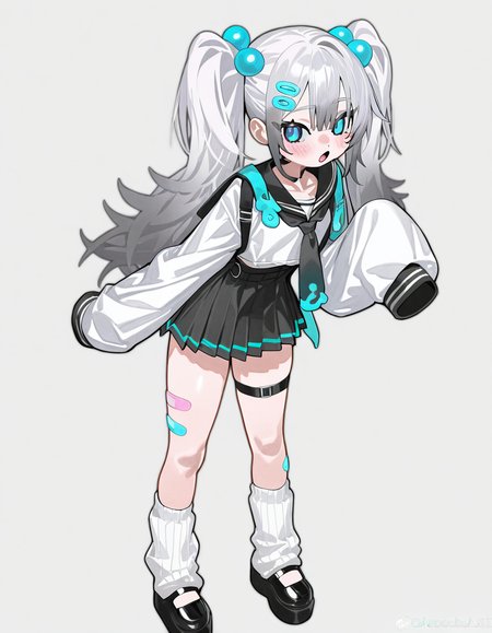 amoebayc,1girl,<lora:amoebayc-000020:1>,girl,solo,white background,sleeves past wrists,simple background,twintails,socks,blue eyes,sleeves past fingers,looking in viewers,angs,foul bandaid,bandaid on leg,long hair,blush,loose socks,skirt,long sleeves,black footwear,hair ornament,open mouth,gray hair,standing,platform footwear,thigh strap,, masterpiece, best quality, very aesthetic, absurdres,newest, incredibly absurdres,