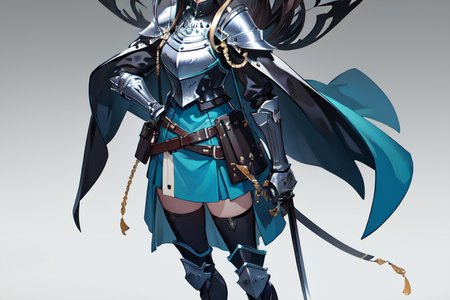 highly insanely detailed, masterpiece, top quality, best quality, highres, 4k, 8k, RAW photo, (very aesthetic, beautiful and aesthetic),  
beth_\(megami_tensei\),bethsmtii,shin megami tensei ii,long hair,black hair,straight hair,sleek black,jewelry,cross,headband,red_lipstick,belt,belt pouch,white gloves,armored_pads,armored_gloves,knee_pads,armored boots,breastplate,holy_knight,holy_knight_armor,katana,sword, 
<lora:zs_Beth:0>, 
(1girl:1.3), 1other, 
(pure cyan background,transparent background:1.2),âââ