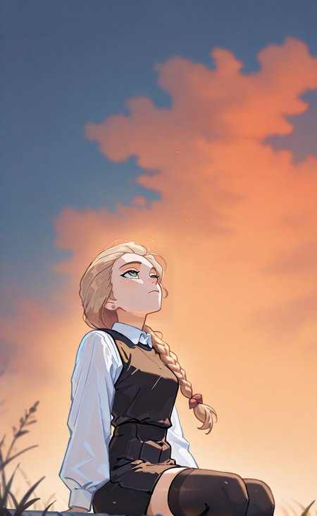 blue hour shot of concept art masterpiece, ultra-HD, impressionism (1.5), high detail, depth of field,
 katyastik, 1girl, solo, long hair, braid, blonde hair, jewelry, earrings, single braid, green eyes, single braid, stud earrings,  hair red bow,
shirt,  white shirt, long sleeves, hair bow, stud earrings, vest, collared shirt, black vest, short  skirt,
 black thighhighs, sitting, sad, expressionless, sky, evening, orange sky, looking up, depth of field, masterpiece, best quality, newest, very awa
 <lora:NOOB_vp1_detailer_by_volnovik_v1:1> <lora:DarkerThanBlackIllustrious:1> <lora:katyastik00001:1> dark theme . digital artwork, illustrative, painterly, matte painting, highly detailed. Cool light, twilight, peaceful, moody