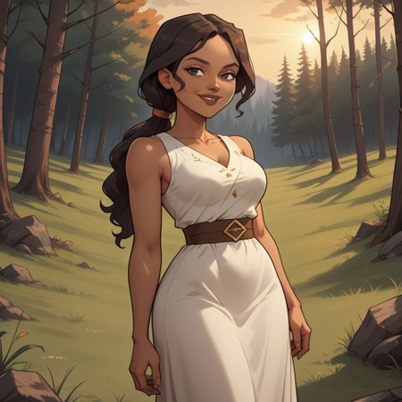 score_9, score_8, BREAK, solo, brown hair, ponytail, black eyes, brown lips, white dress, brown sandals, breasts, total drama, Priyas_mother_(Total_Drama), dark skin, dark skin female, sexy pose, self portrait, smile, looking at viewer, outdoors, sunlight, shadows, evening lighting, natural lighting, forest, trees, grass, orange sky, sunset