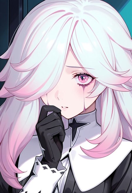 AMAZING QUALITY, MASTERPIECE, 1GIRL, CHIARA, WHITE HAIR, HAIR OVER EYE, PINK HIGHLIGHTS, PINK EYES, DRESS, EYE STAINS, GLOVES, PORTRAIT