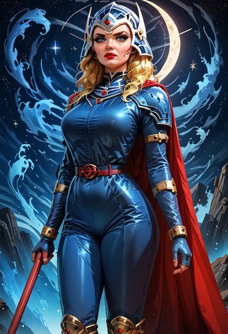 starry_morph, MILF, 32 years old, blonde hair, black leather vampire cape, sloppy wavy hair, sexy red boots, revealing outfit, red lips, mascara, eyelashes, hourglass figure, strong, big blue eyes, seductive, mature female, m1lfm3t3r, anezaki mamori, masterpiece, highest quality, realistic skin texture:1.5, high, tear shaped boobs, drow ranger, drow ranger \(dota2\), Masterpiece, 32k, photorealistic:1.4, score_9, score_8_up, score_7_up, huge boobs, small waist, wide hips, high cheekbones, oval face, slim waist, wide hips, thick thighs, full hips, DARK SIDE \(PICTURE BOOK\), NO FACE, colorful background, vivid colors, volumetric light, cinematic light, extremely detailed, bgbrda, top, bodysuit, helmet, armlet, bracelet, gloves, chainmail, skirt, boots, holding weapon, holding rod, wass.
