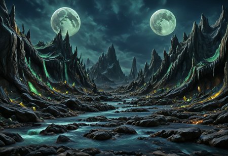 A beautiful landscape at night on an alien world, dramatic lighting, large moon in the sky, jade rocks, waterfalls, deep crevices, uhd, ultra-detailed, photography, f/8 photo, monoprone, nmskyrim