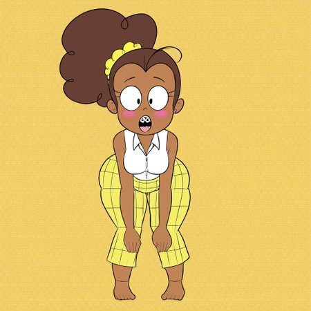 (Luan Loud,brown hair,ponytail,black eyes,yellow scrunchie) (braces,buck teeth)(tall:0.7) (small breasts,thin arms,huge hips,huge thighs,huge butt,long legs) )  (white shirt,collared shirt,sleeveless,yellow skirt,plaid skirt) (brown skin:1), (bottomless), (bottom-heavy), bent over, hands on floor, on all fours, blush, blushing front above