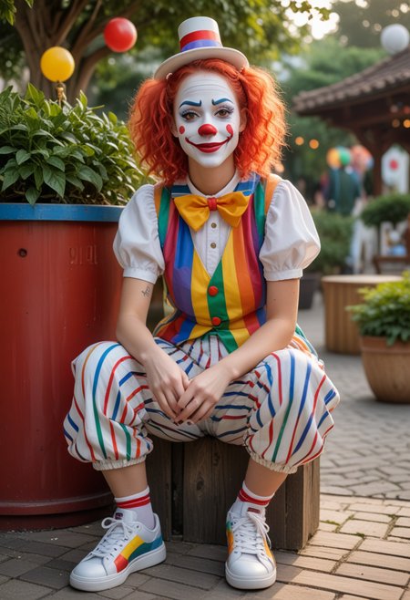 (medium full shot) of  (lovely clown) young woman, red plastic nose, white face paint, hair with a top hat,  wearing a striped  clown vest with big buttons,oversized colorful pants,colorful sneakers, rubber chicken, rainbow face paint, set in  Seating Area, Relaxed space with wooden benches arranged around a central fountain, decorative lanterns casting a soft glow in the evening, potted plants adding a touch of greenery, a canopy providing shade on sunny days, a trash bin discreetly placed for convenience, woman smiling at the viewer, Masterpiece,best quality, photo, realistic, very aesthetic, detailed face,