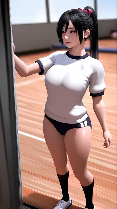 amazing quality,absurdres,best quality,masterpiece,highres,newest,detailed,detailed body,detailed face,masterpiece,best quality,solo,
Horny Girl,1girl,solo,black hair,gym uniform,buruma,shoes,socks,ponytail,3d,realistic, <lora:Horny Girlï½ããããå¥½ããªå¥³ã®å­ï½:0.8>,
