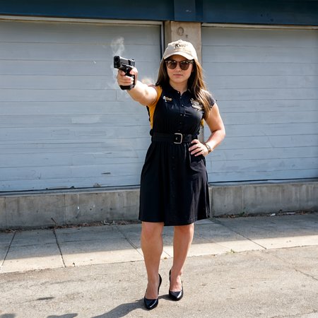 GLOCKG, (high quality raw (((full body photo of woman wearing a dress)))aiming a glock pistol at a employee), while standing in a gas station  
 <lora:Glock_Pistol__Gun__Firearm_PONY:1.0>