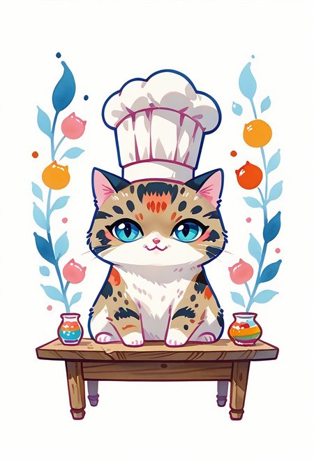 score_7_up, score_8_up, score_9, (full body:1.15), cat, animal kitten, chibi animal cat, Kus1cat, Chibi Art Style, furr, 
cute cat, game character, very cute, chef, watercolor style,
(Wooden table with colorful tablecloths detailed background:1.19), HQ,