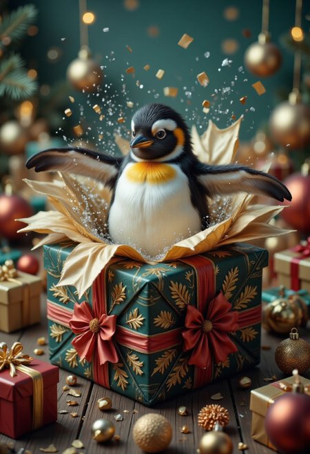 analog film photo photograph of a majestic penguin breaking free from a intricately wrapped Christmas gift box, showcasing a delightful mix of festive and wildlife elements. Capture the penguin's exhilarating moment as it bursts forth from the box, its tuxedo-like feathers glistening with dew and holiday cheer.
Compositionally, frame the scene from a low angle, placing the gift box at the top of the image, allowing the viewer's gaze to follow the penguin's trajectory upward. Employ a shallow depth of field, blurring the surrounding wrapping paper and gift embellishments to emphasize the penguin's heroic breakout. Soft, warm artificial lighting will add a cozy atmosphere, while also highlighting the festive colors and textures of the box.
The penguin itself should be depicted in stunning detail, with subtle texture variations on its feathers, soft belly, and slender flippers. Capture the vibrant hue of its feathers, ranging from snowy white to rich black, and emphasize the characteristic yellow patch on its chest. The gift box, wrapped in a luxurious pattern of gold and red stripes, will add a touch of opulence to the scene.
To create a captivating atmosphere, infuse the environment with an air of anticipation and excitement. Perhaps a few scattered snowflakes or confetti pieces can be seen floating around the penguin's head, adding to the festive ambiance. Incorporate some strategically placed shadows to enhance the dynamic movement of the penguin as it breaks free from its prison.
Artistically, draw inspiration from the whimsical world of children's illustrations and classic animated films, where penguins are often depicted in charming, expressive poses. The overall mood should be one of joyful abandon, capturing the magic and surprise of the moment when the penguin finally achieves its freedom.
Technical specifications: Resolution: 4096 x 3040 pixels; Aspect Ratio: 16:9; File Format: JPEG or PNG; Camera Angle: Low-angle shot with a slight tilt upwards; Lighting: Warm artificial lighting with subtle shadows; Depth of Field: Shallow, with a blurred background; Texture and Material Details: Subtle feather texture, soft belly, and slender flippers; Color Palette: Vibrant hues of green, blue, yellow, and red, with rich black and snowy white accents.
Image should be generated in photorealistic detail, with crisp edges, subtle color gradations, and a high level of texture fidelity. Ensure the overall aesthetic is both captivating and true to the original prompt, showcasing a masterful blend of wildlife, holiday cheer, and whimsical storytelling. . faded film, desaturated, 35mm photo, grainy, vignette, vintage, Kodachrome, Lomography, stained, highly detailed, found footage