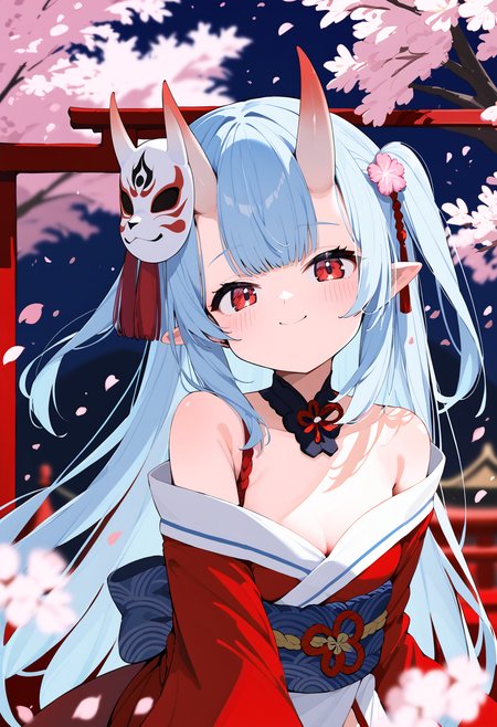 score_9, score_8_up, score_7_up, source_anime BREAK 1girl, solo, red eyes, long hair, blue hair, light blue hair, oni, japanese clothes, kimono, blush, closed mouth, cherry blossoms, oni mask, pink flower, looking at viewer, alternate costume, smile, red kimono, mask, off shoulder, virtual youtuber, skin-covered horns, sidelocks, sleeves past fingers, flower knot, mask on head, sleeves past wrists, pointy ears, two side up, long sleeves, horns, bare shoulders, petals, flower, tassel, wide sleeves
 <lora:Siro9_pony:1>