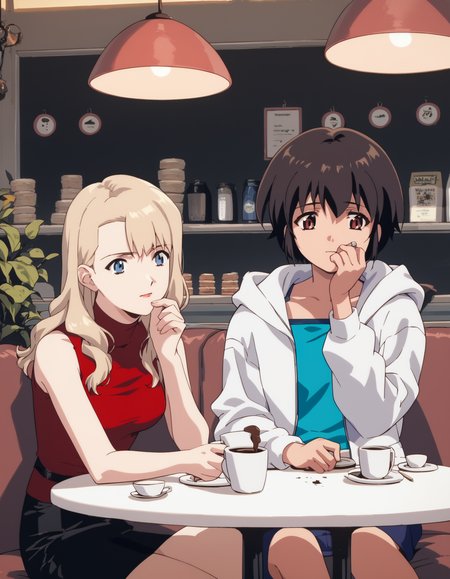 score_9, score_8_up, score_7_up, score_6_up, score_5_up, score_4_up
<lora:noir-2x-ponyxl-000016:0.5>
2girls, cafe, baguette, coffee
BREAK
nwrmir, blonde hair, sleeveless turtleneck, red shirt, pencil skirt,
BREAK
yuumura kirika, camisole, blue shirt, hoodie, white hoodie, pencil skirt, microskirt