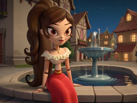 Score_9, score_8_up, score_7_up, score_6_up, BREAK,
screencap, outdoors, night, town,
<lora:Maria_Posada_screencap:0.8> Maria Posada, brown hair, high ponytail, long hair, brown eyes, lipstick, pendant necklace, joints, narrow waist, dress, long red skirt, fountain, sitting, water stream, looking at viewer