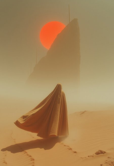A moody bleaked Red moon, Dusty White Desert, a dystopian Landscape in Infernal Heat, the vision flimmers and IS blurry - a towering Shadow of a giant ship ist barely visible in the far, in the foreground a Closeup of a bedouin with a billowing Cape and an immense translucent beige aura Walking through the dunes